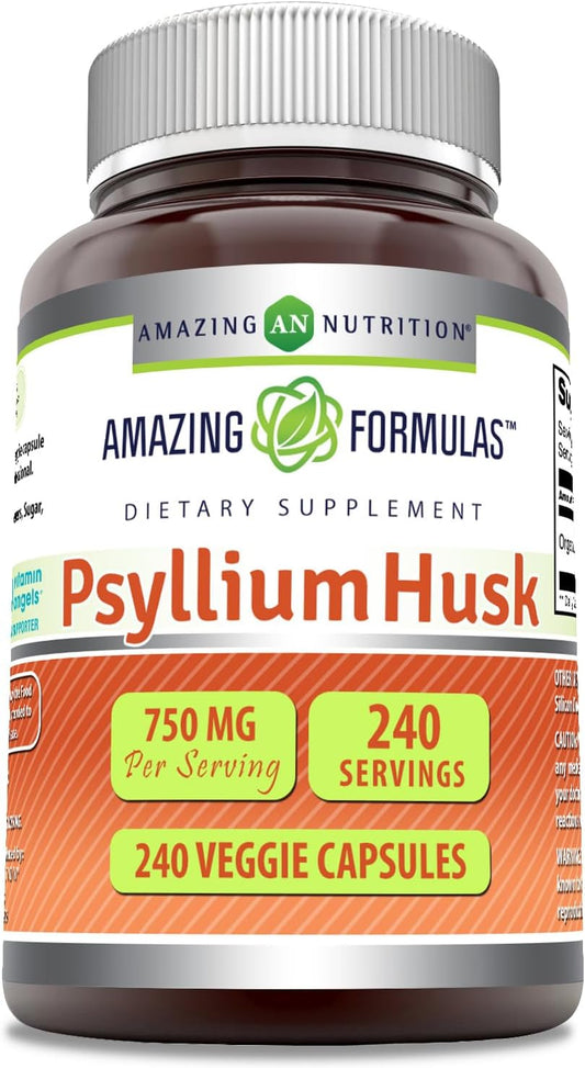 Amazing Nutrition Psyllium Husk 750mg Veggie Capsules - 240 Count - Non-GMO, Gluten Free, Made in USA - Vegetarian Friendly