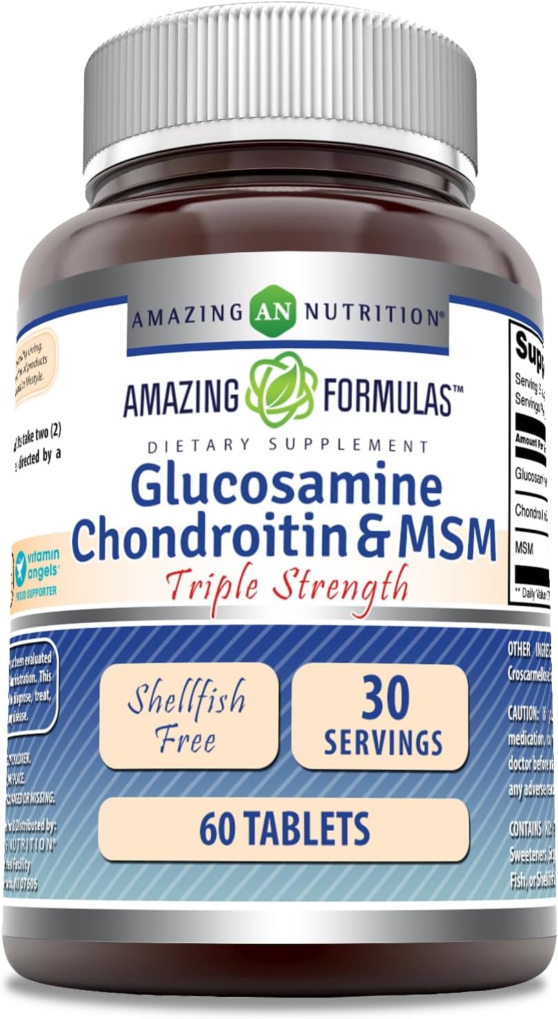 Amazing Nutrition Triple Strength Glucosamine Chondroitin & MSM Tablets - Shellfish Free (Non-GMO, Gluten Free) - 60 Tablets