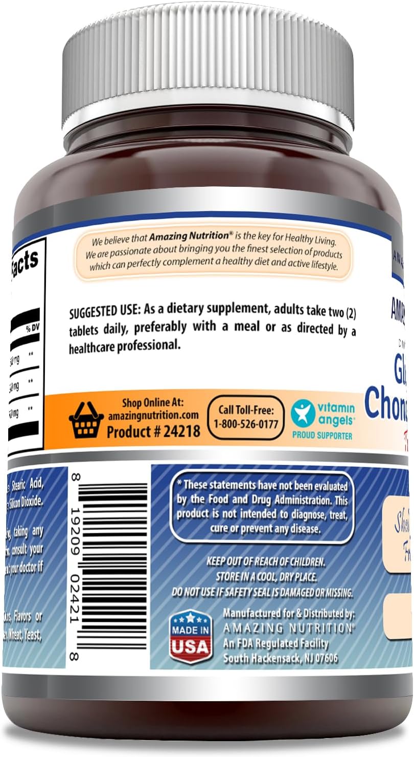 Amazing Nutrition Triple Strength Glucosamine Chondroitin & MSM Tablets - Shellfish Free (Non-GMO, Gluten Free) - 60 Tablets