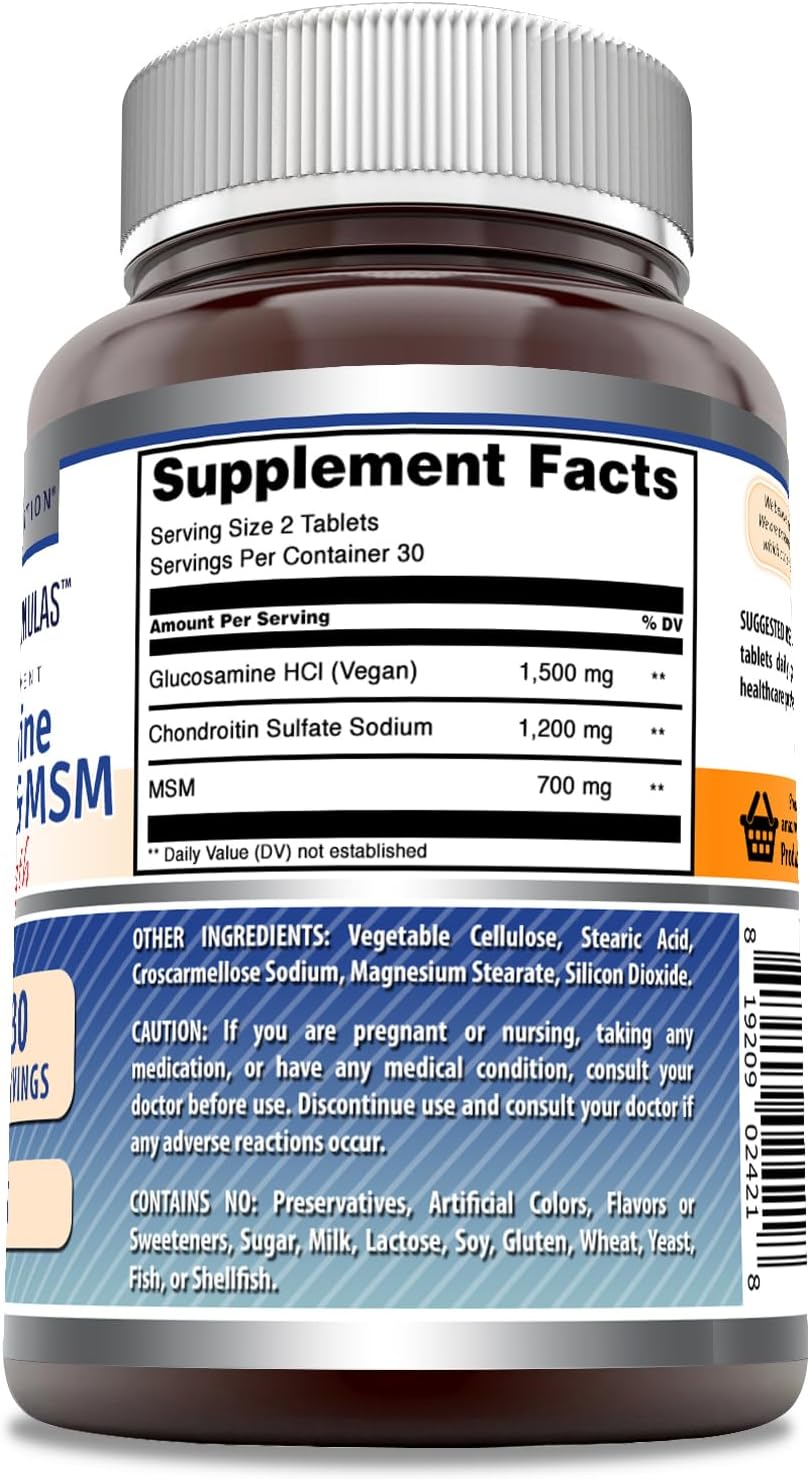 Amazing Nutrition Triple Strength Glucosamine Chondroitin & MSM Tablets - Shellfish Free (Non-GMO, Gluten Free) - 60 Tablets