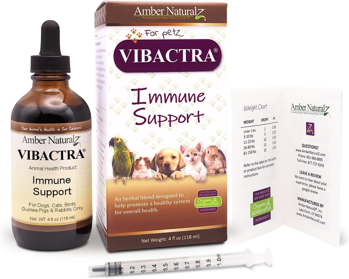 Amber NaturalZ Vibactra Immune Support Herbal Supplement for Pets | Pet Herbal Blend for Overall Health | 4 fl oz Glass Bottle | Made in USA