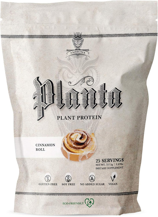 Ambrosia Planta Organic Plant-Based Protein Powder - Vegan & Keto Friendly, Gourmet Cinnamon Roll Flavor, No Bloating, Gluten/Soy/Sugar Free, 25 Servings