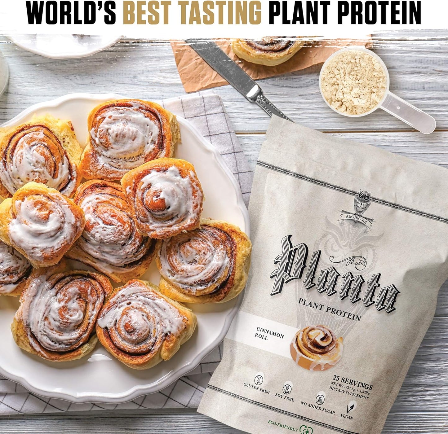 Ambrosia Planta Organic Plant-Based Protein Powder - Vegan & Keto Friendly, Gourmet Cinnamon Roll Flavor, No Bloating, Gluten/Soy/Sugar Free, 25 Servings