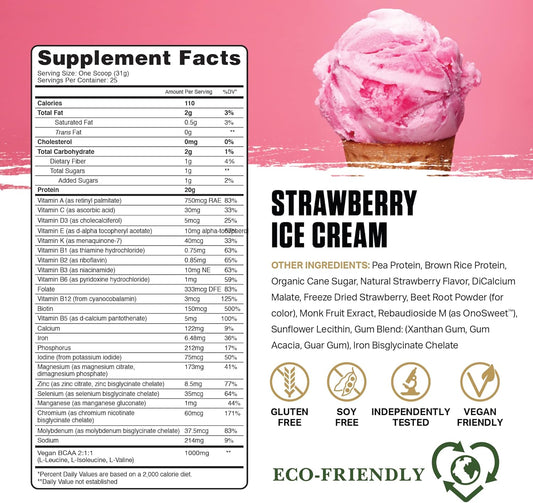 Ambrosia Planta Organic Plant-Based Protein: Vegan, Keto-Friendly, Gourmet Flavors, No Bloating, Gluten & Soy-Free, No Added Sugar - Strawberry Ice Cream Flavor, 25 Servings