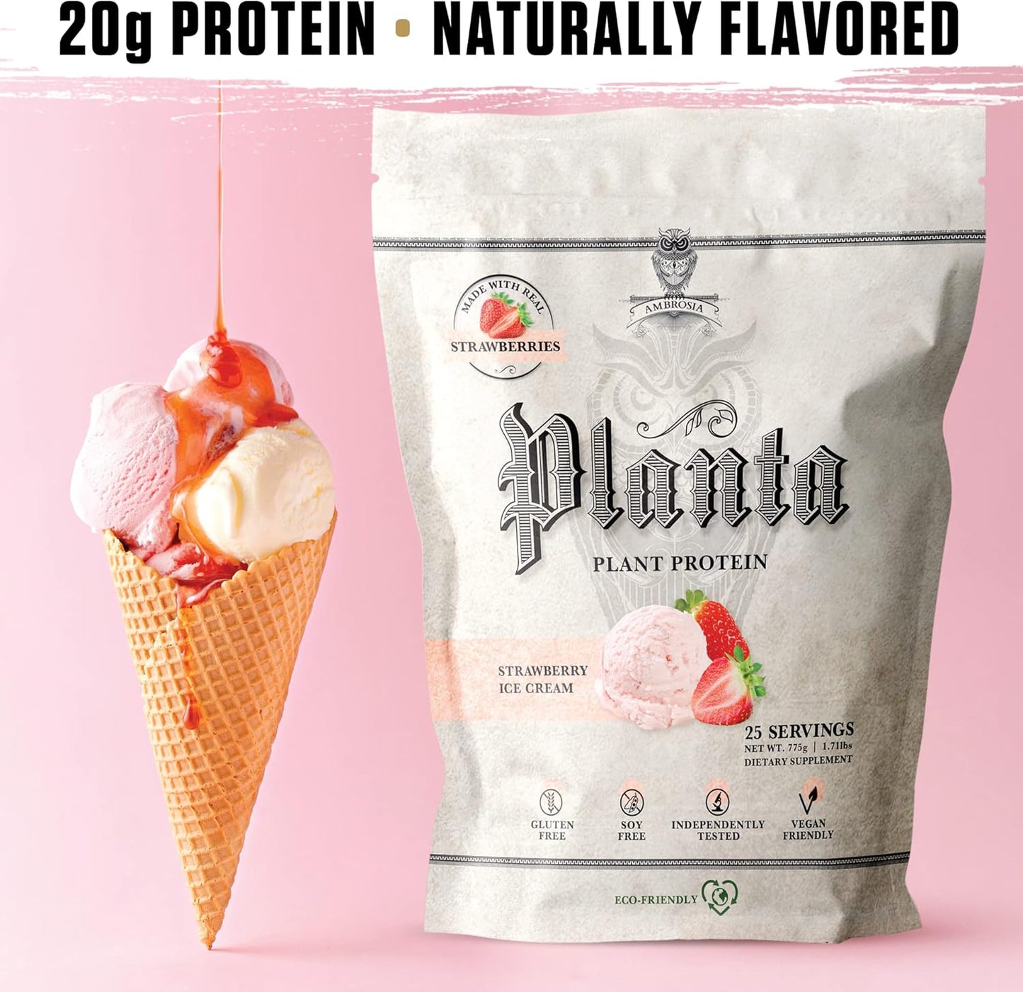 Ambrosia Planta Organic Plant-Based Protein: Vegan, Keto-Friendly, Gourmet Flavors, No Bloating, Gluten & Soy-Free, No Added Sugar - Strawberry Ice Cream Flavor, 25 Servings