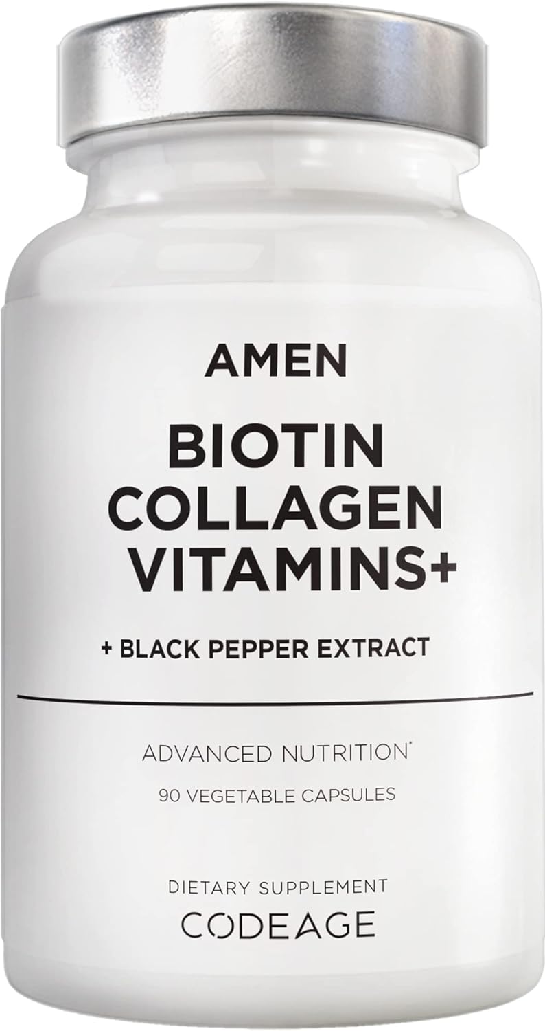 Amen Biotin Collagen Vitamins+ 10,000 mcg Supplement with Vitamins C & E, Folate - 3-Month Supply - Non-GMO - 90 Capsules
