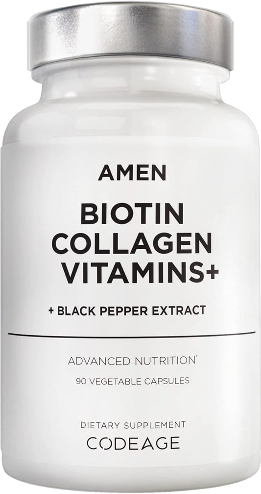 Amen Biotin Collagen Vitamins+ 10,000 mcg Supplement with Vitamins C & E, Folate - 3-Month Supply - Non-GMO - 90 Capsules
