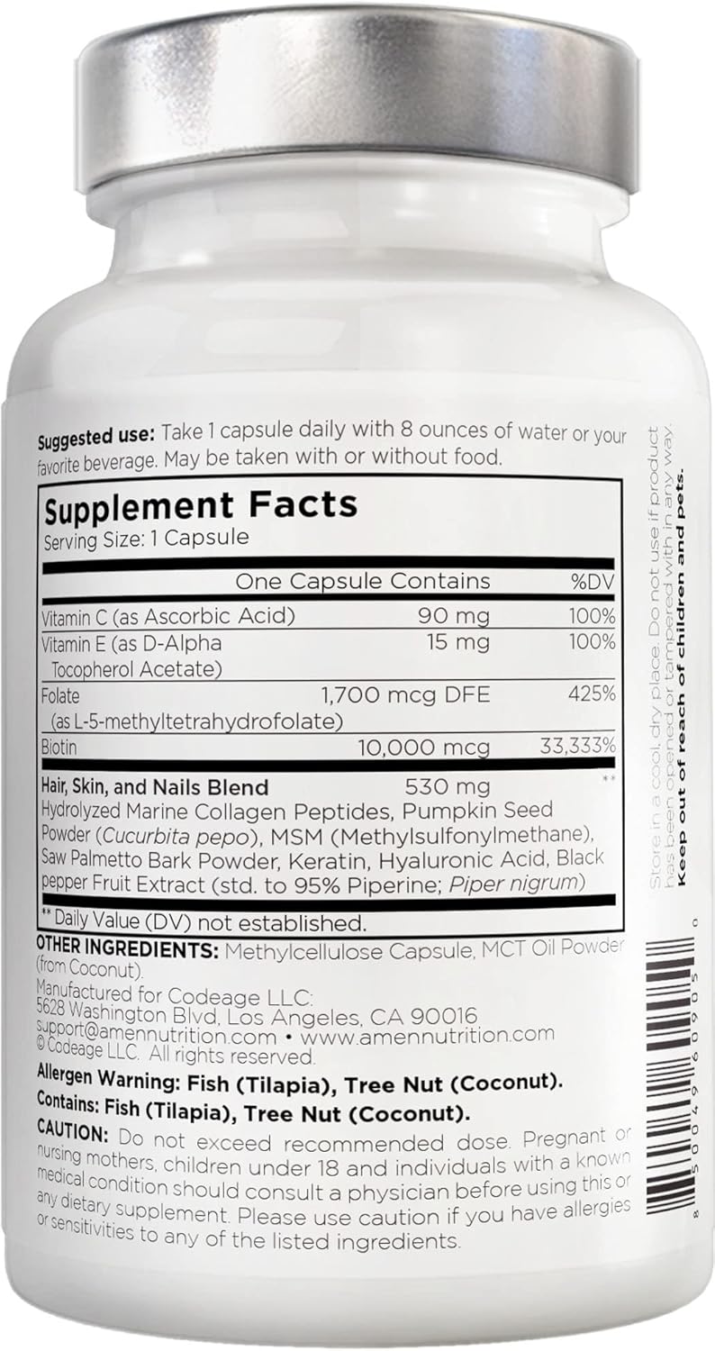 Amen Biotin Collagen Vitamins+ 10,000 mcg Supplement with Vitamins C & E, Folate - 3-Month Supply - Non-GMO - 90 Capsules