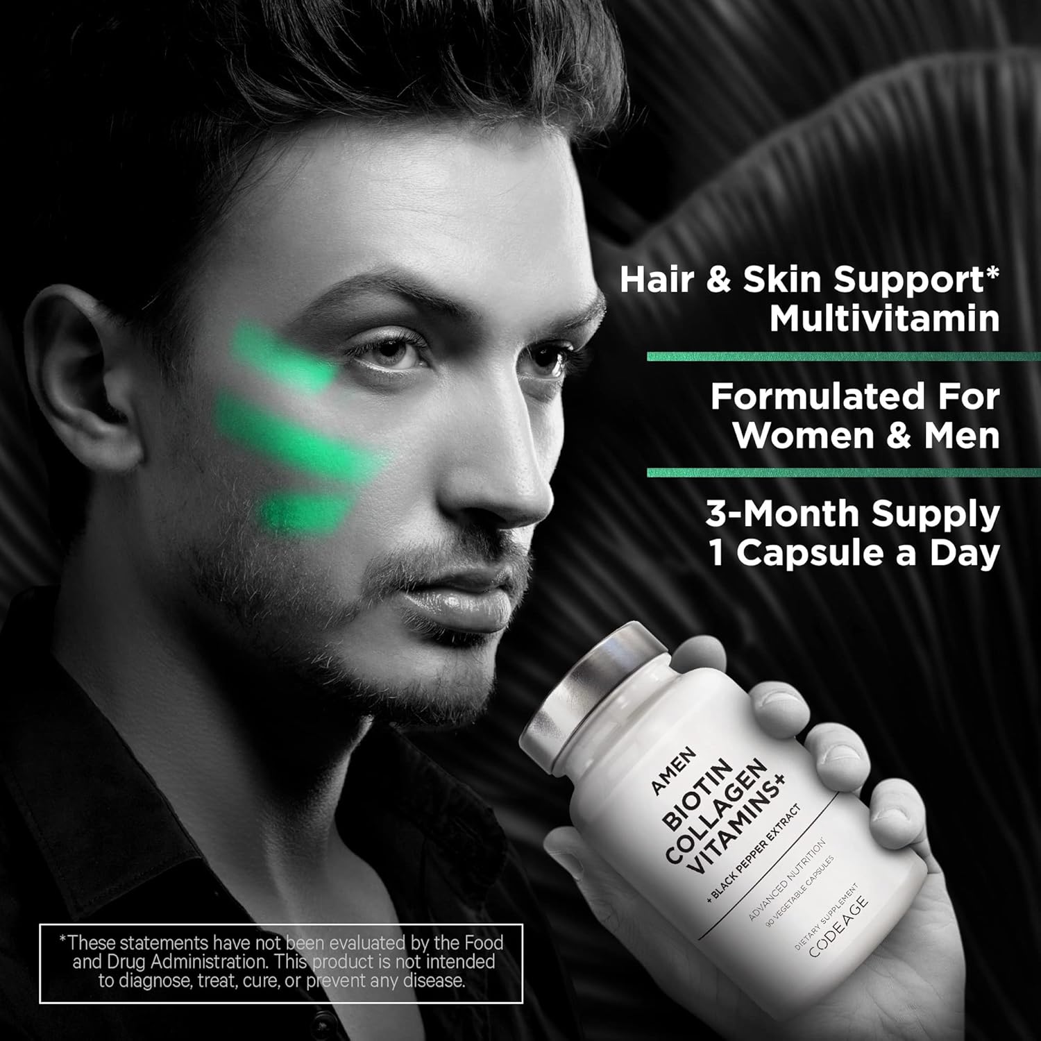 Amen Biotin Collagen Vitamins+ 10,000 mcg Supplement with Vitamins C & E, Folate - 3-Month Supply - Non-GMO - 90 Capsules