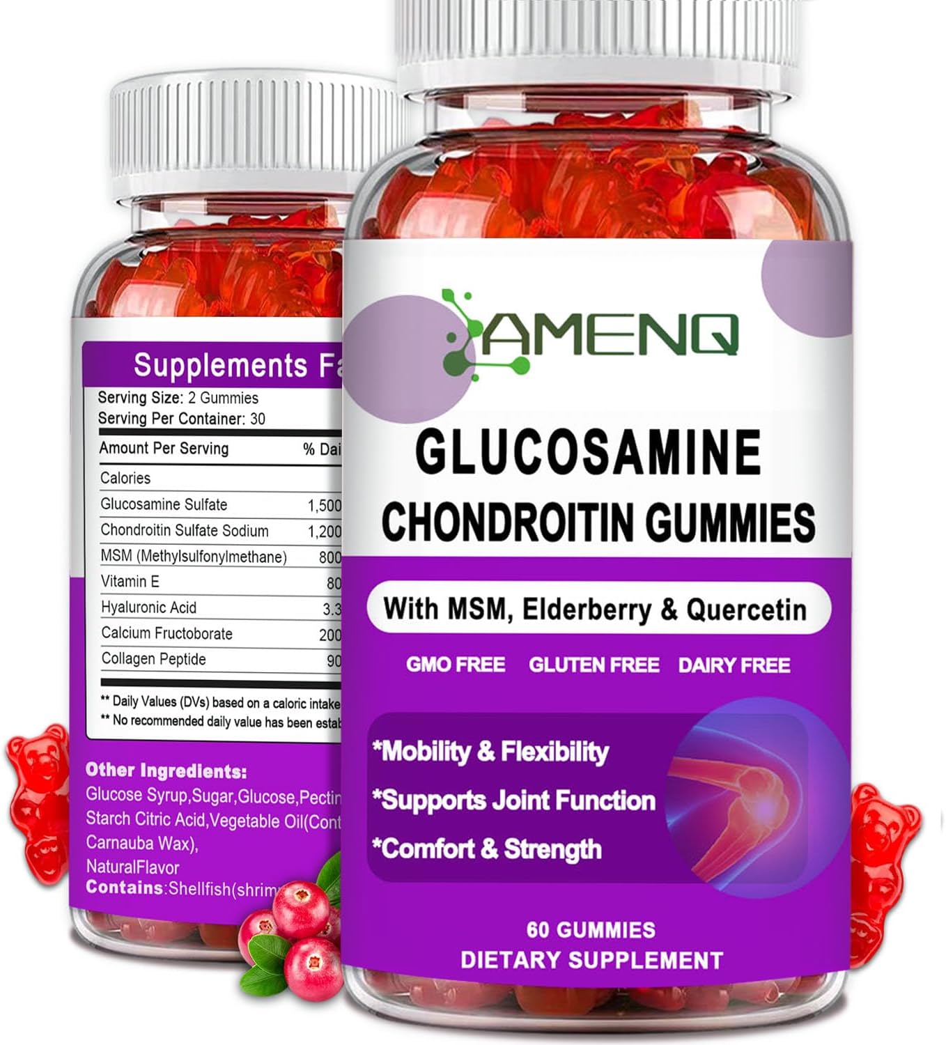 AMENQ Extra Strength Glucosamine Chondroitin Gummies with MSM, Hyaluronic Acid & Collagen for Joint Support - 60ct Flexibility & Joint Health Supplement for Men and Women