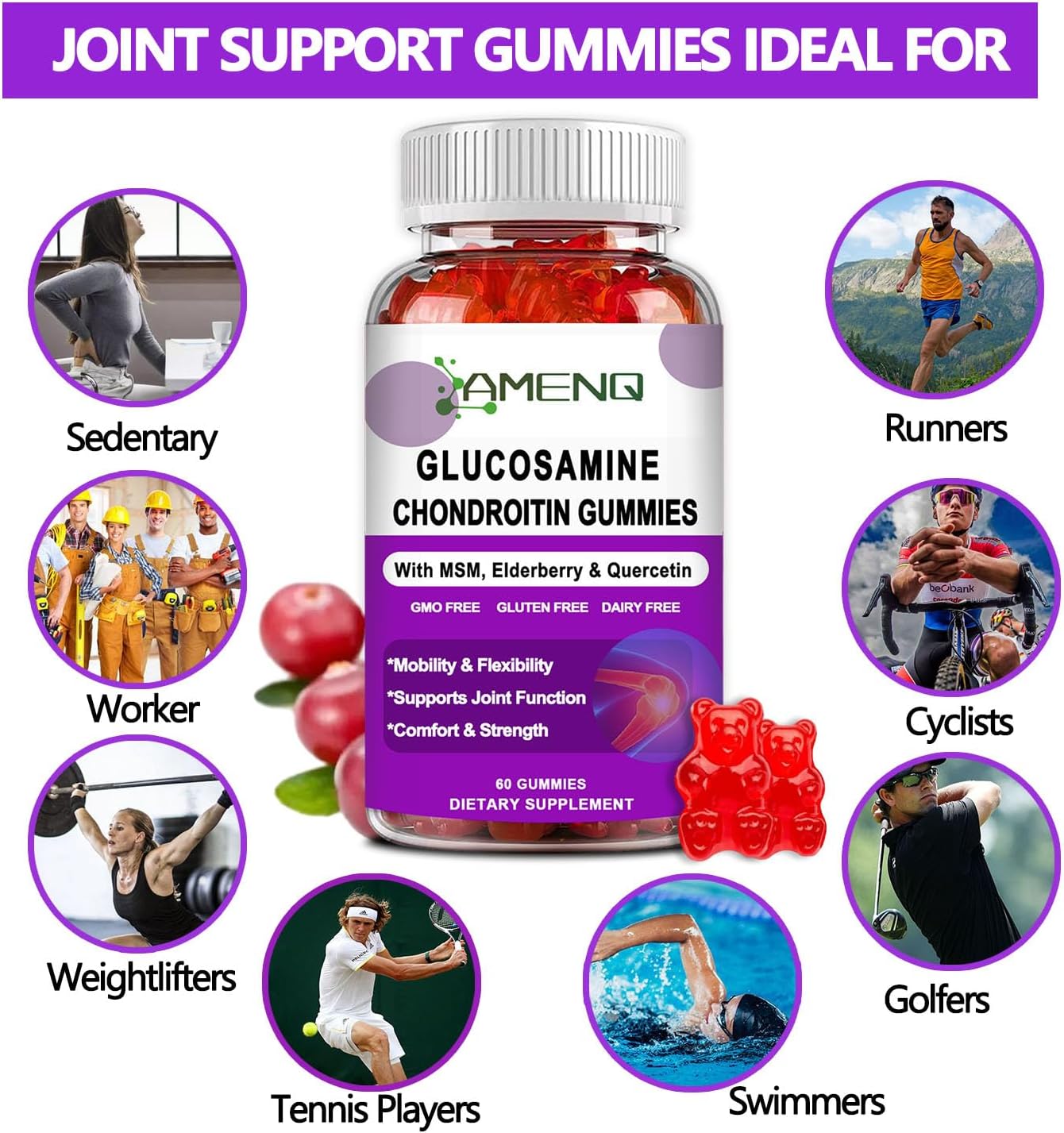 AMENQ Extra Strength Glucosamine Chondroitin Gummies with MSM, Hyaluronic Acid & Collagen for Joint Support - 60ct Flexibility & Joint Health Supplement for Men and Women