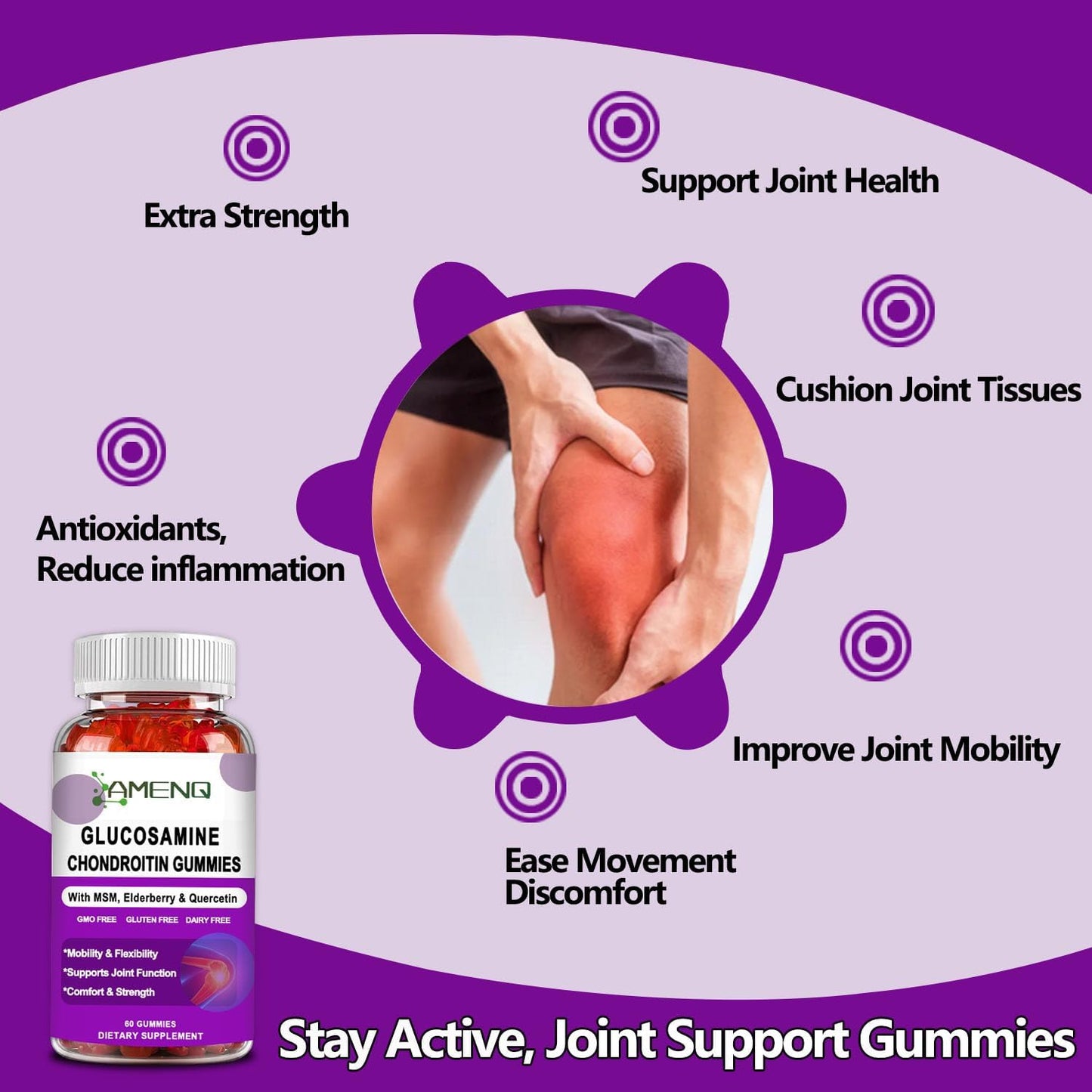 AMENQ Extra Strength Glucosamine Chondroitin Gummies with MSM, Hyaluronic Acid & Collagen for Joint Support - 60ct Flexibility & Joint Health Supplement for Men and Women