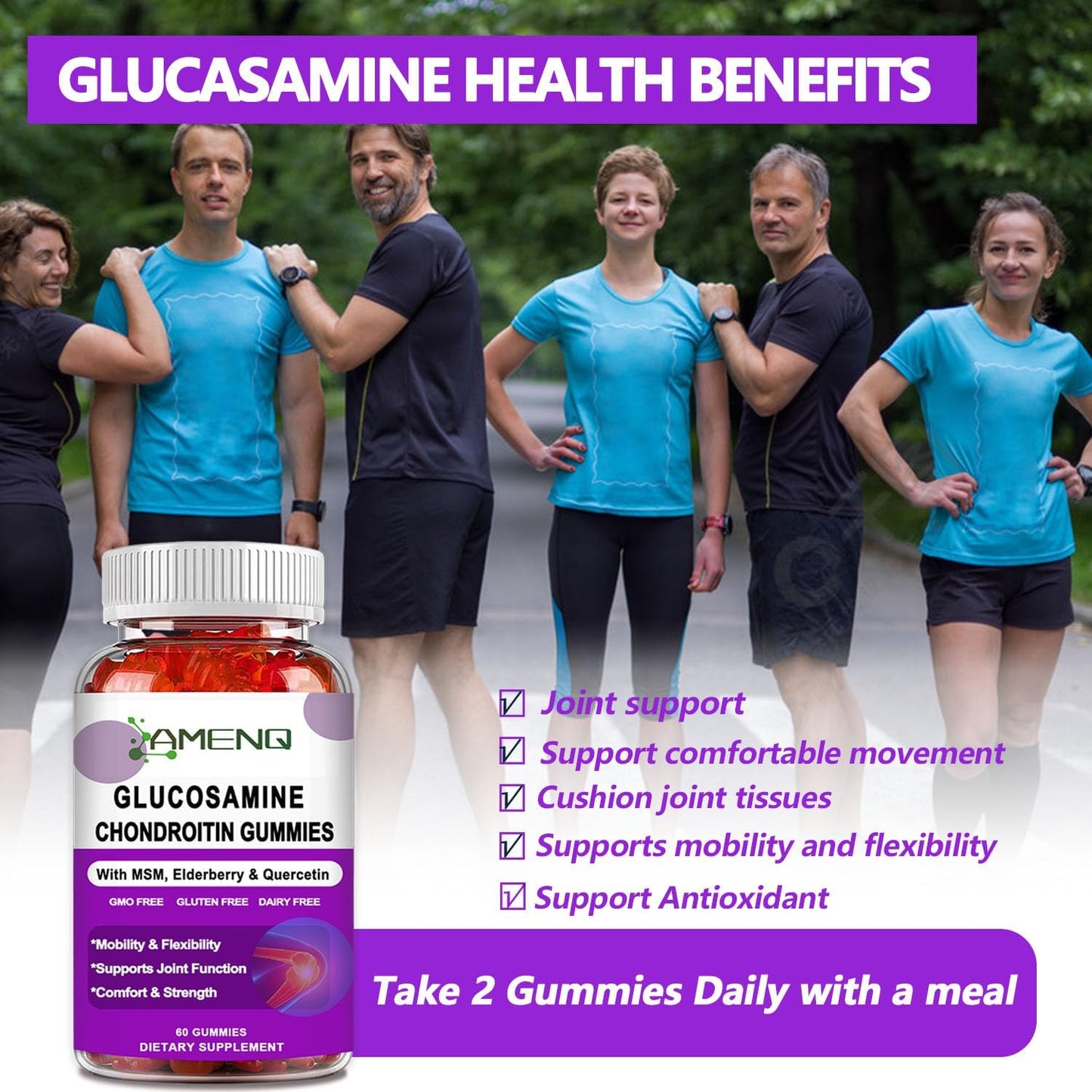 AMENQ Extra Strength Glucosamine Chondroitin Gummies with MSM, Hyaluronic Acid & Collagen for Joint Support - 60ct Flexibility & Joint Health Supplement for Men and Women