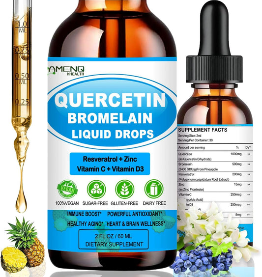 AMENQ hHEALTH Quercetin Liquid Drops with Vitamin C, Zinc, and Bromelain - Immune Support for Respiratory Health and Allergies