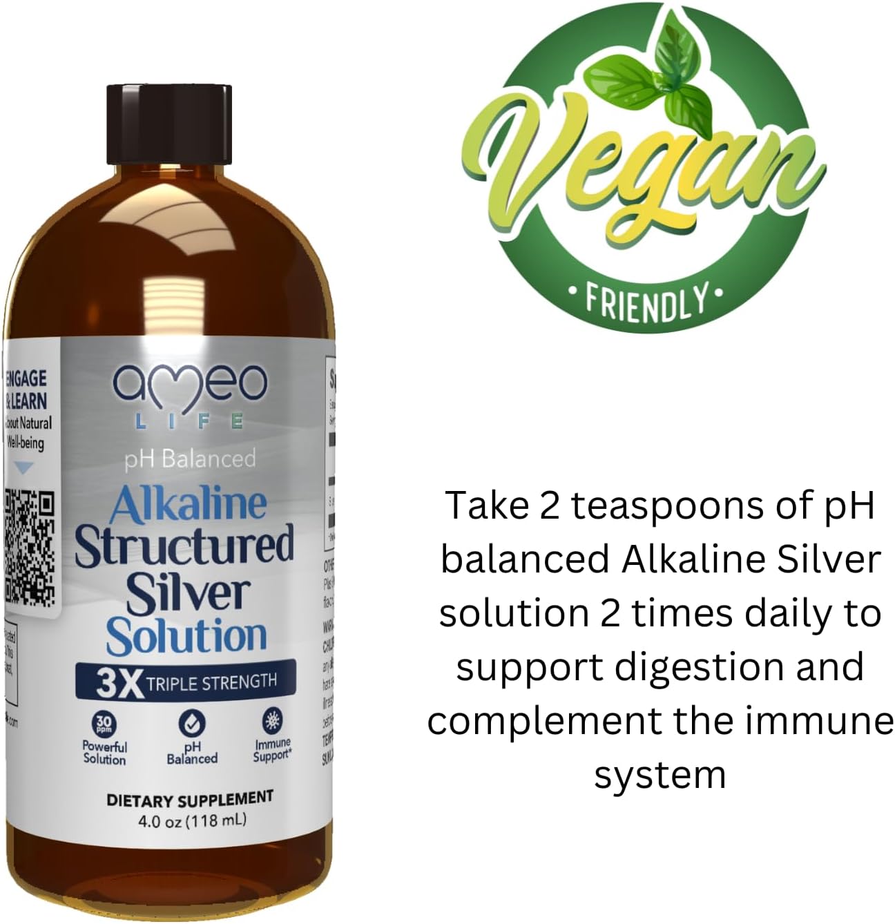 Ameo Life Structured Silver Water with 30ppm Colloidal Silver - pH Balanced Liquid for Daily Immune and Gut Support (4 oz)