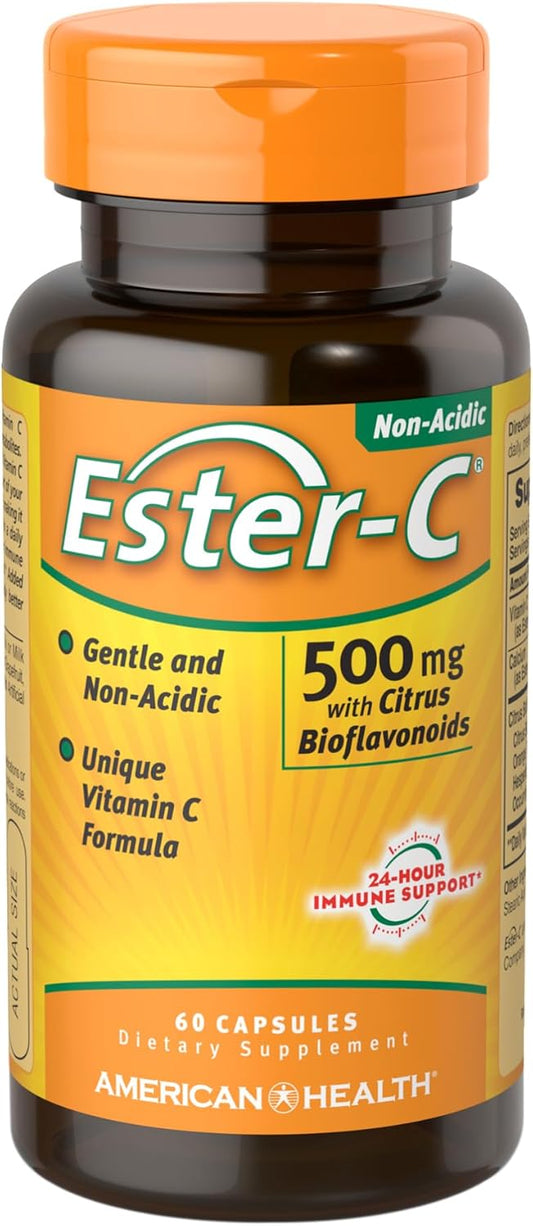 American Health Ester-C Capsules with Citrus Bioflavonoids - 24-Hour Immune Support, Gentle On Stomach, Non-Acidic Vitamin C - Non-GMO, Gluten-Free - 500 mg, 60 Count