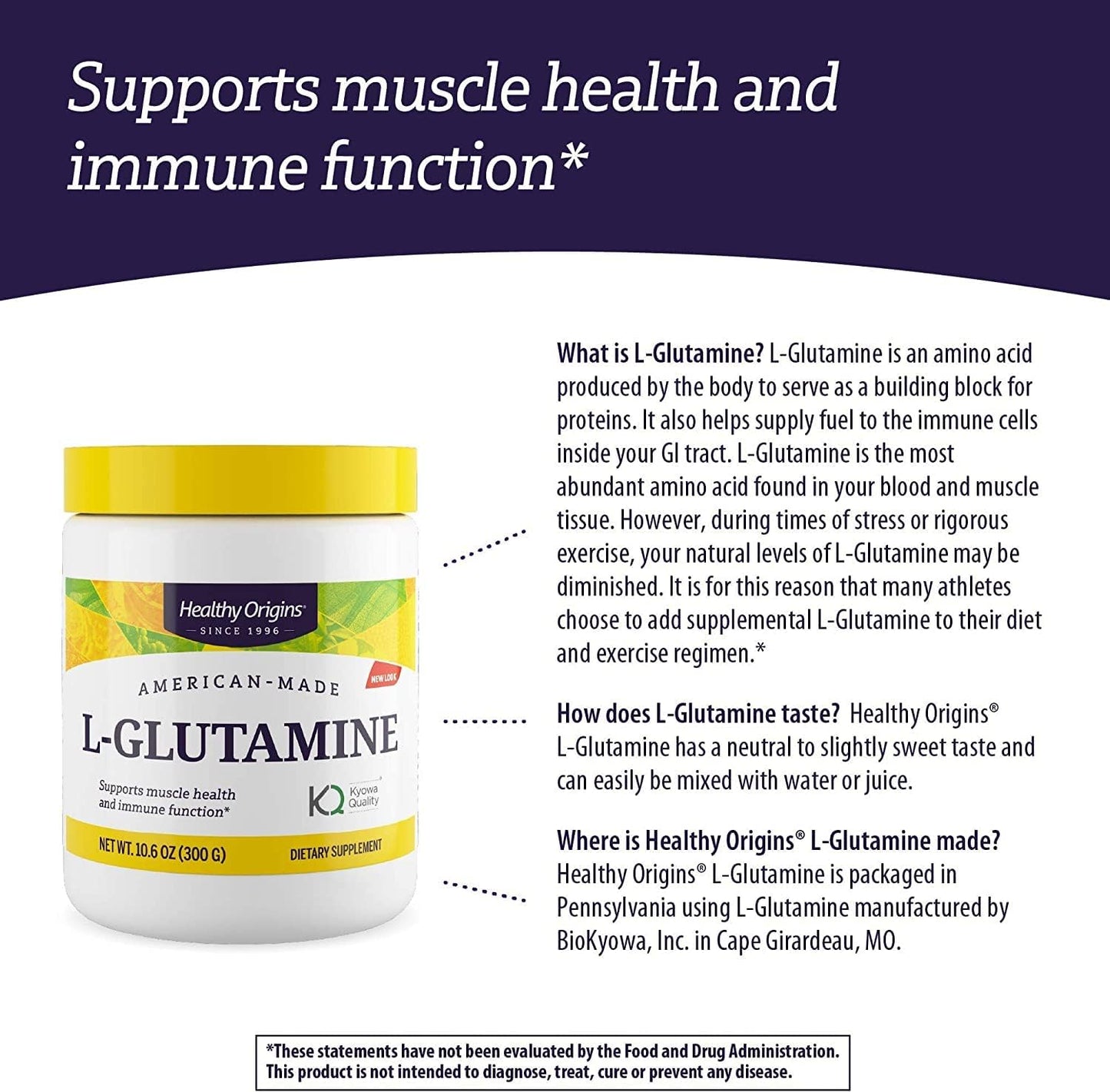 American-Made L-Glutamine Powder for Immune Support & Muscle Strength - Vegan, Non-GMO, Gluten-Free - 300g Powder