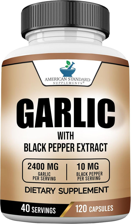 American Standard Garlic Supplement 2400mg with Black Pepper Fruit Extract - Vegan, Gluten-Free, Non-GMO - 120 Capsules