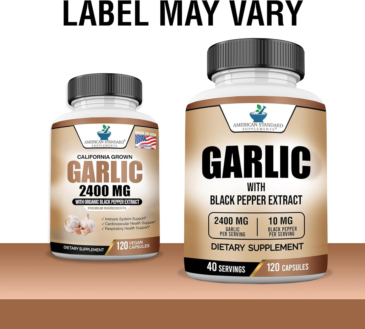 American Standard Garlic Supplement 2400mg with Black Pepper Fruit Extract - Vegan, Gluten-Free, Non-GMO - 120 Capsules