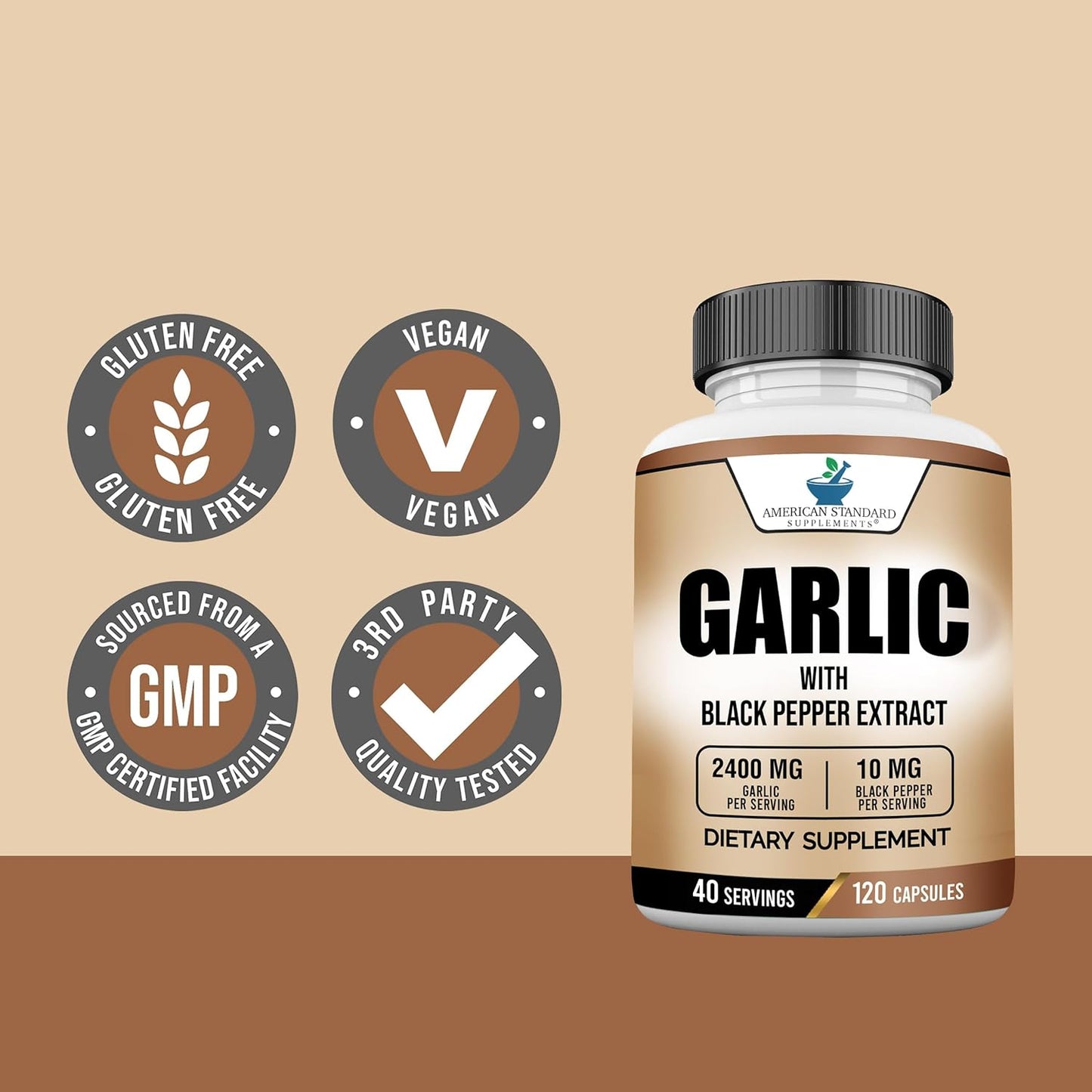 American Standard Garlic Supplement 2400mg with Black Pepper Fruit Extract - Vegan, Gluten-Free, Non-GMO - 120 Capsules
