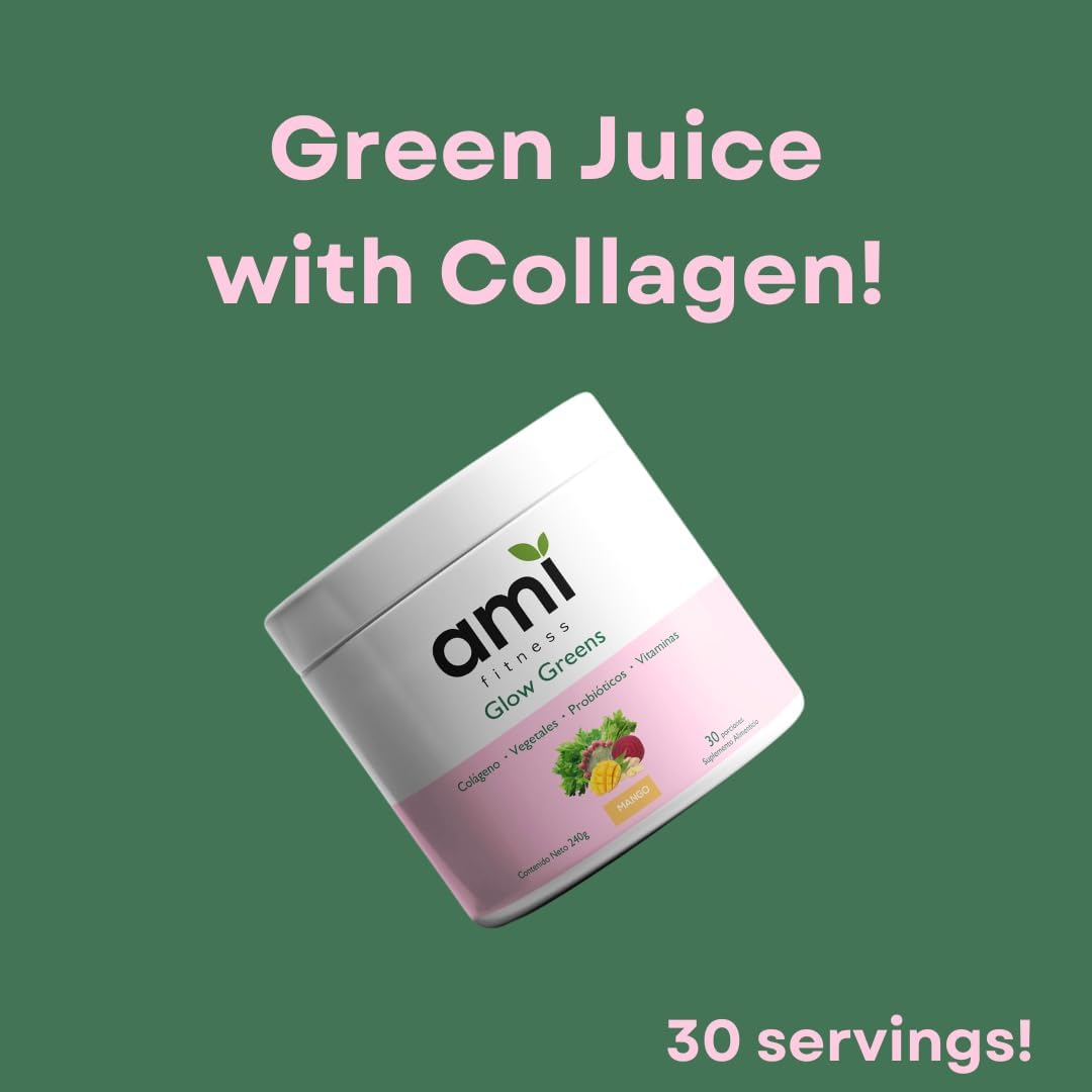 Ami Fitness Glow Greens Powder with Collagen, Probiotics, Digestive Enzymes, and Superfoods for Gut Health and Radiant Skin - Mango Juice Mix (30 Servings)