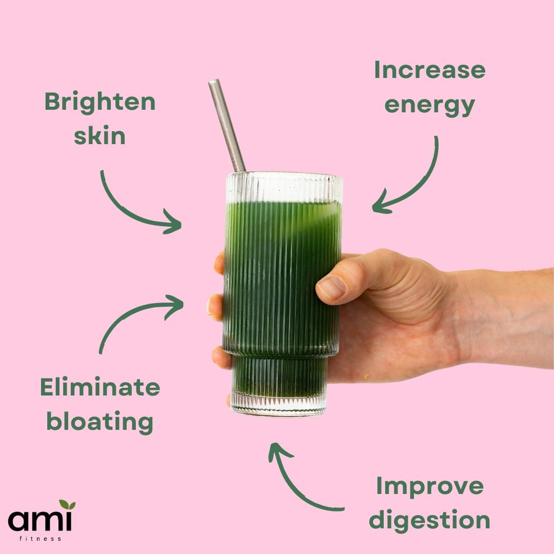 Ami Fitness Glow Greens Powder with Collagen, Probiotics, Digestive Enzymes, and Superfoods for Gut Health and Radiant Skin - Mango Juice Mix (30 Servings)