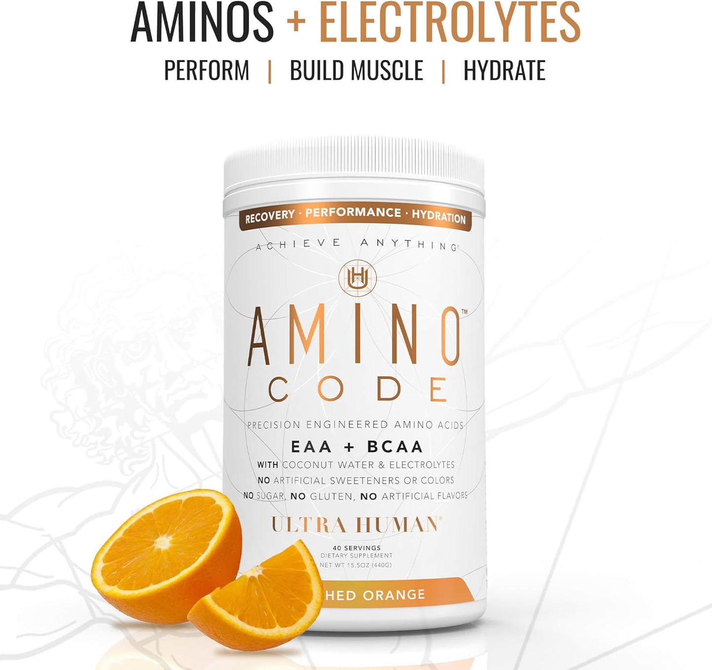 Amino Code Crushed Orange: Hydration Workout Recovery Powder with BCAAs + Electrolytes - 40 Servings