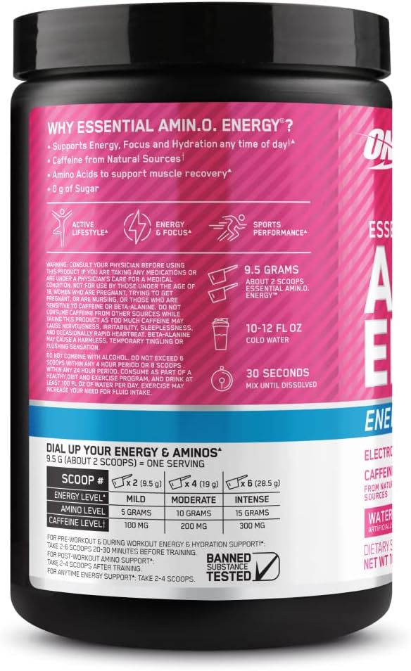 Amino Energy Powder with BCAA, Electrolytes, and Caffeine for Hydration - Watermelon Splash Flavor - 30 Servings
