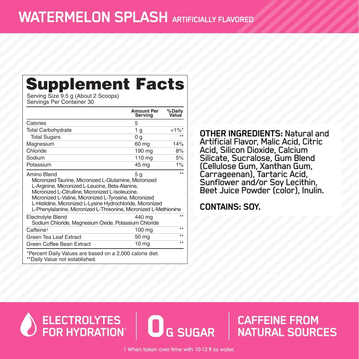 Amino Energy Powder with BCAA, Electrolytes, and Caffeine for Hydration - Watermelon Splash Flavor - 30 Servings