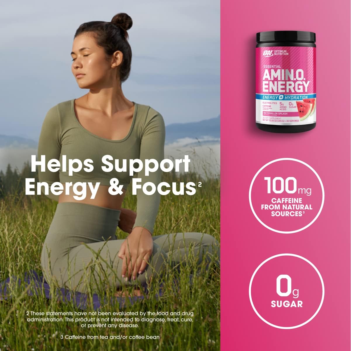 Amino Energy Powder with BCAA, Electrolytes, and Caffeine for Hydration - Watermelon Splash Flavor - 30 Servings