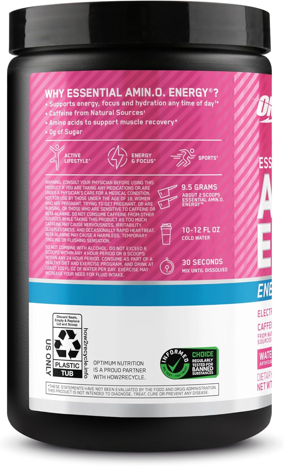 Amino Energy Powder with BCAA, Electrolytes, and Caffeine for Hydration - Watermelon Splash Flavor - 30 Servings