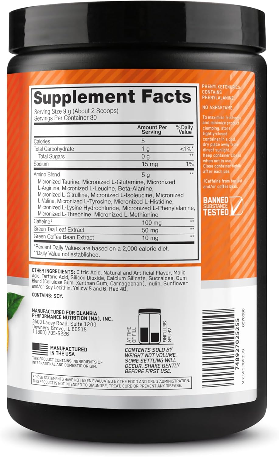 Amino Energy Pre Workout Powder with Green Tea, BCAA, Amino Acids, Keto Friendly - Orange Cooler Flavor, 30 Servings