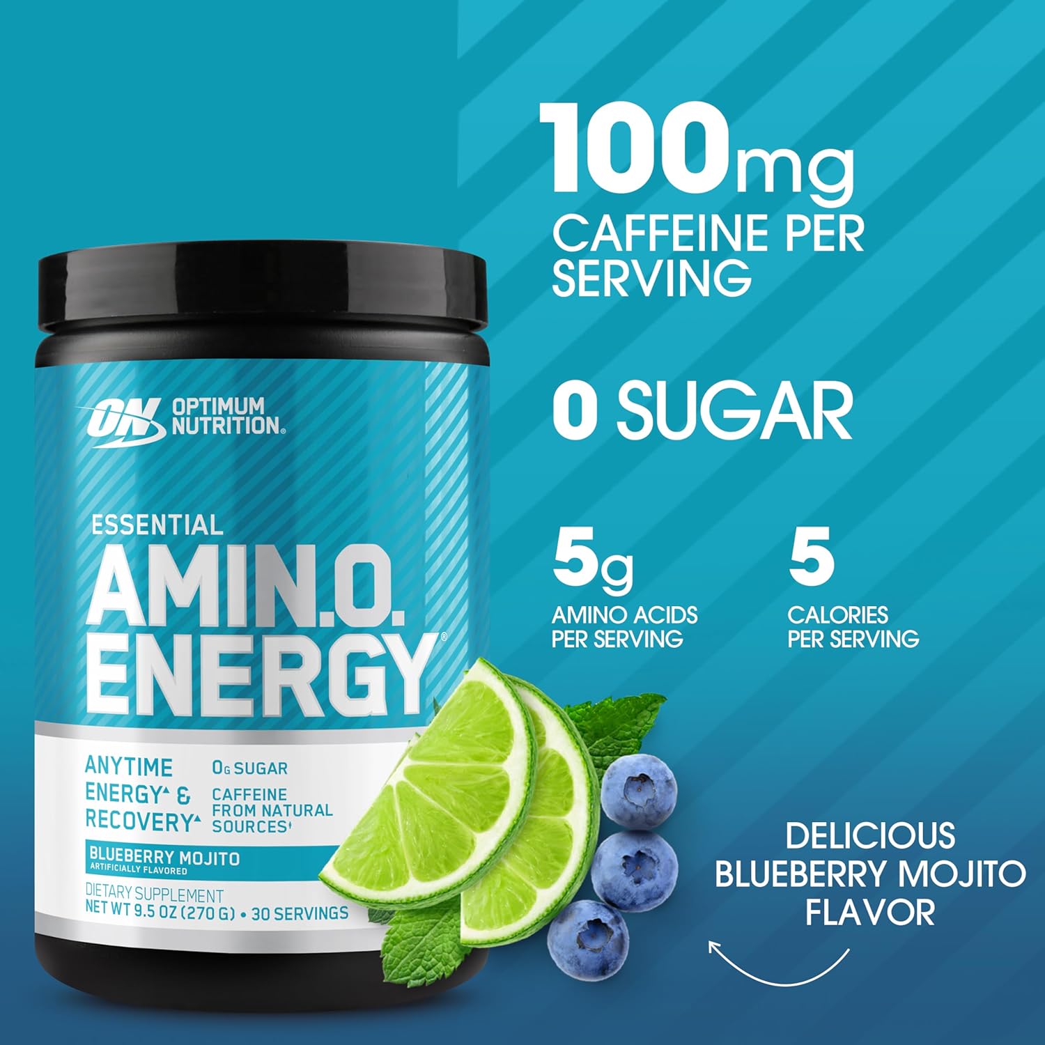 Amino Energy Pre Workout Powder with Green Tea, BCAA, Amino Acids, Green Coffee Extract - Blueberry Mojito, 30 Servings