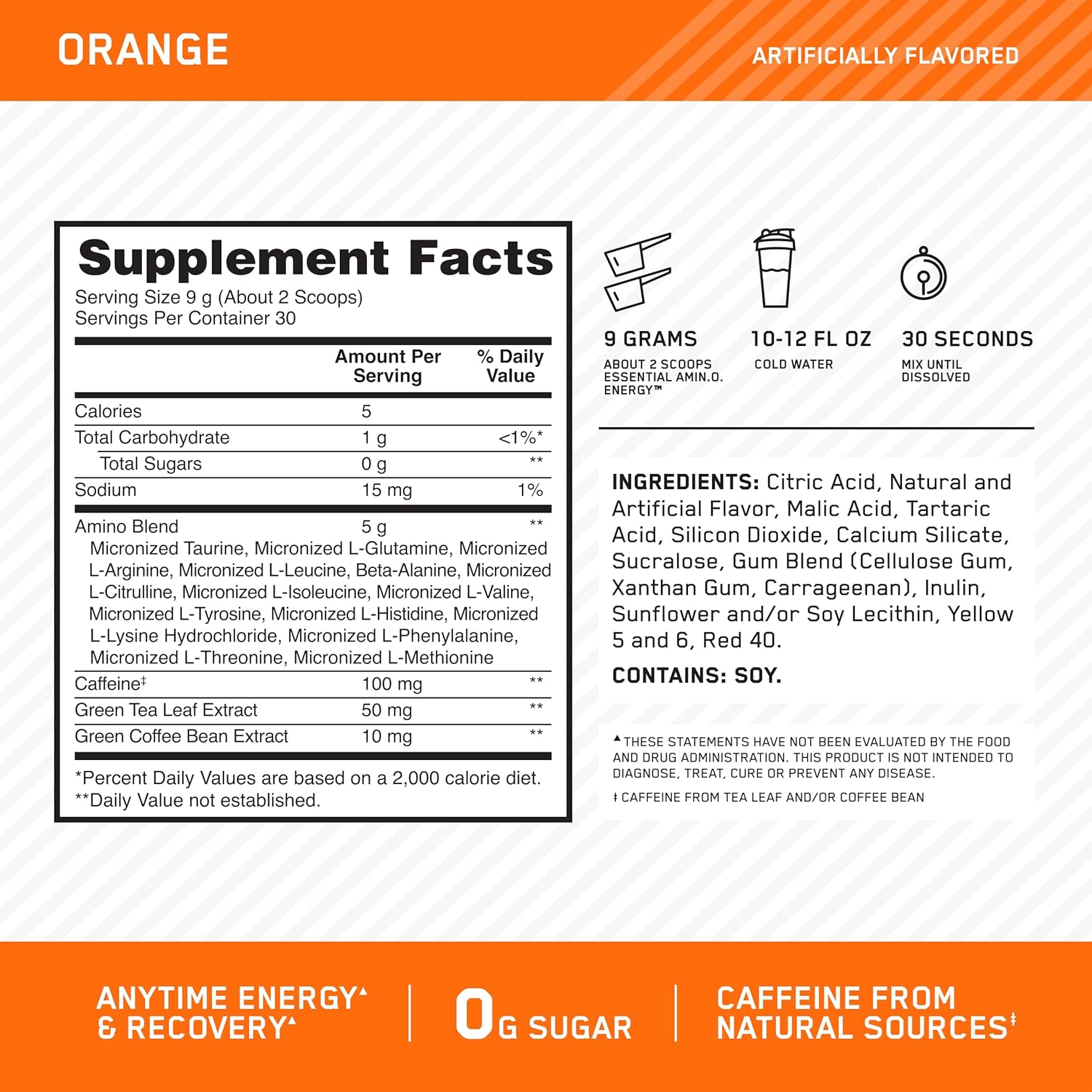 Amino Energy Pre Workout Powder with Green Tea, BCAA, Amino Acids, Keto Friendly - Orange Cooler Flavor, 30 Servings