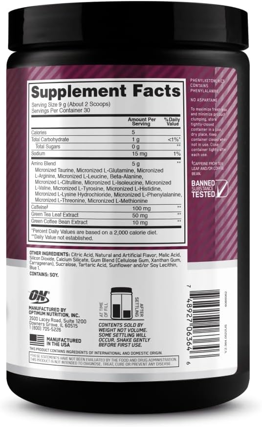 Amino Energy Pre Workout Powder with Green Tea, BCAA, Amino Acids, Keto Friendly - Wild Berry, 30 Servings