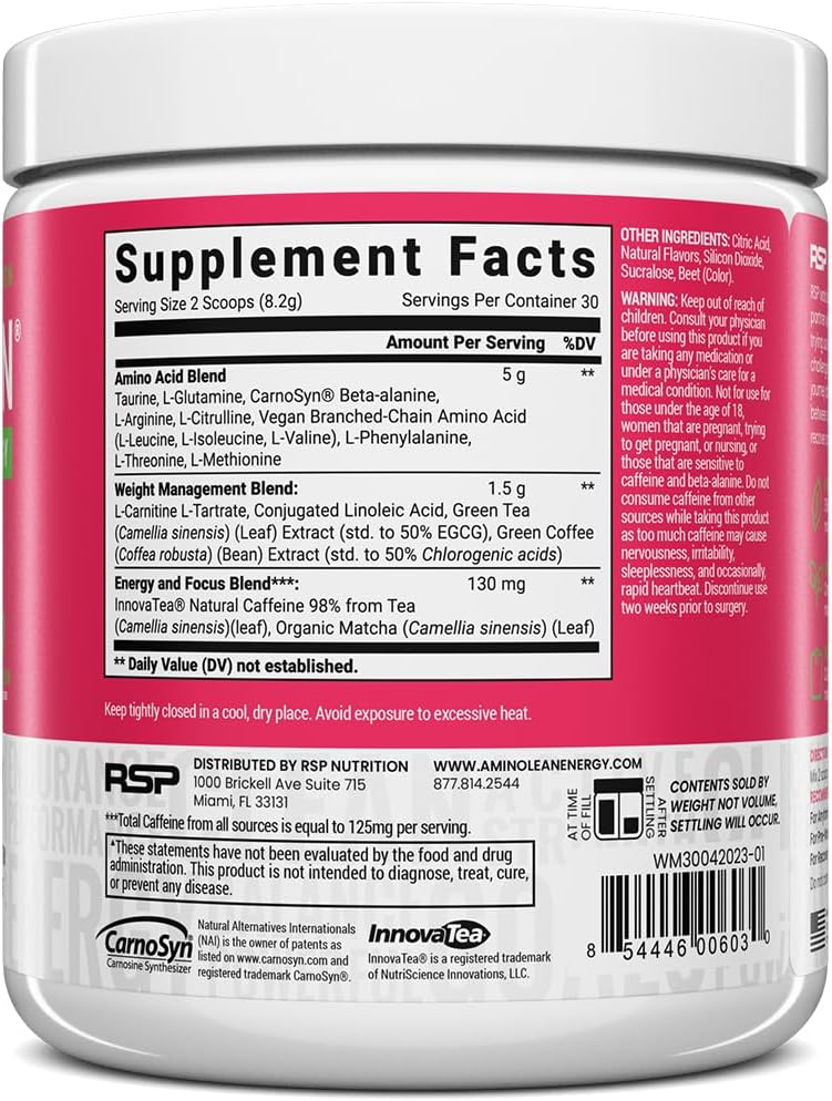 AminoLean Pre Workout Powder with BCAA Amino Acids & Natural Caffeine - Energy Boost for Men & Women, 30 Servings