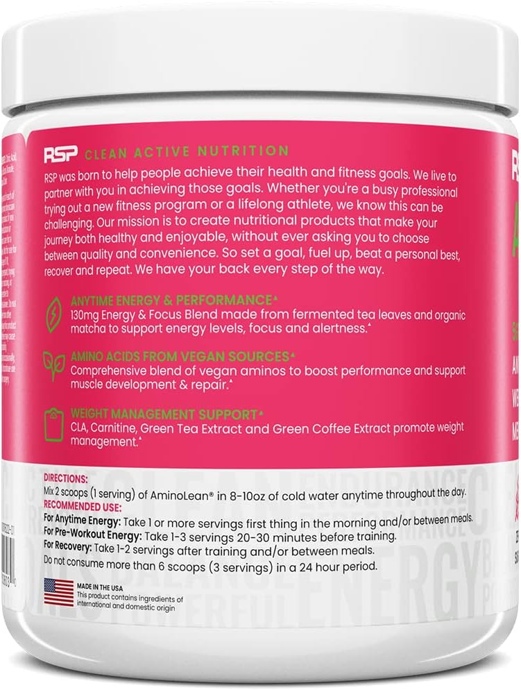 AminoLean Pre Workout Powder with BCAA Amino Acids & Natural Caffeine - Energy Boost for Men & Women, 30 Servings