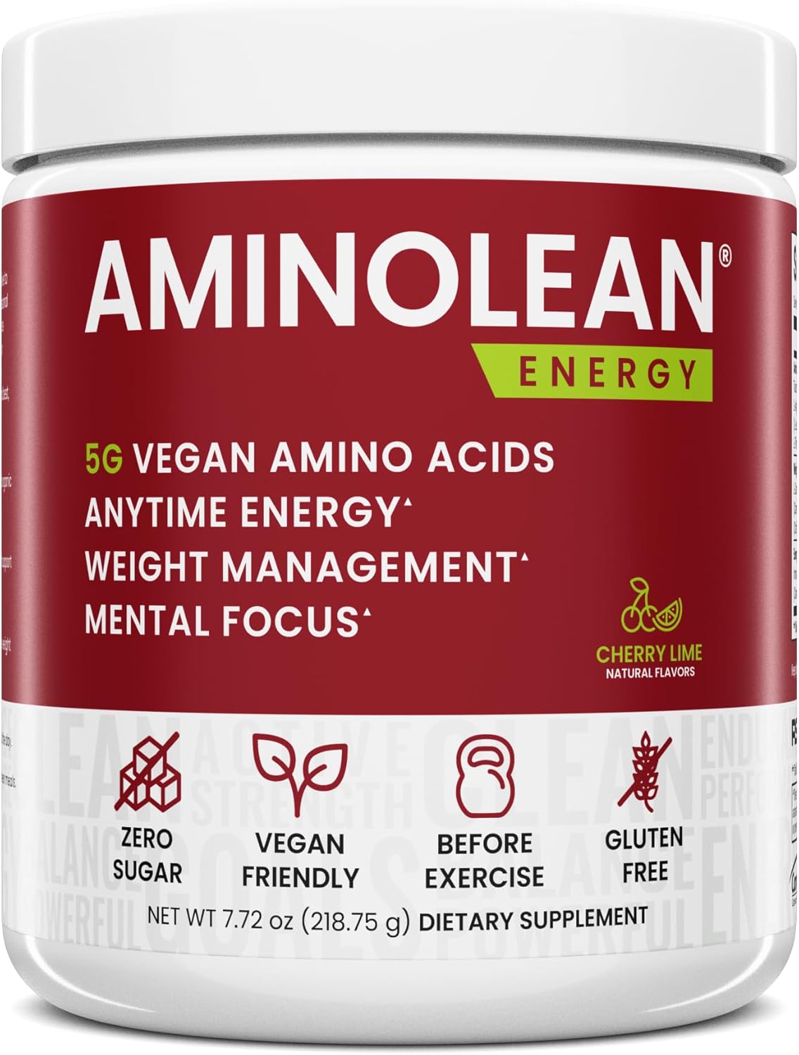AminoLean Pre Workout Powder with Natural Caffeine and Vegan BCAA Amino Acids - Cherry Lime Flavor, 25 Servings