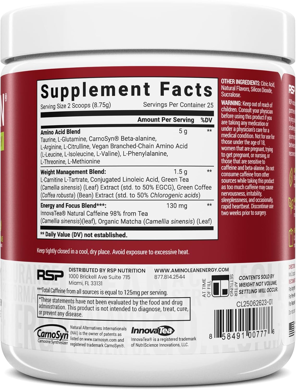 AminoLean Pre Workout Powder with Natural Caffeine and Vegan BCAA Amino Acids - Cherry Lime Flavor, 25 Servings