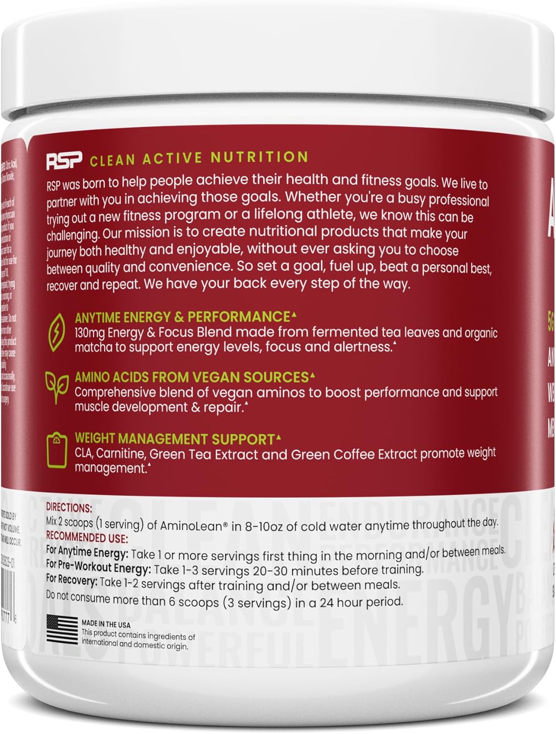 AminoLean Pre Workout Powder with Natural Caffeine and Vegan BCAA Amino Acids - Cherry Lime Flavor, 25 Servings