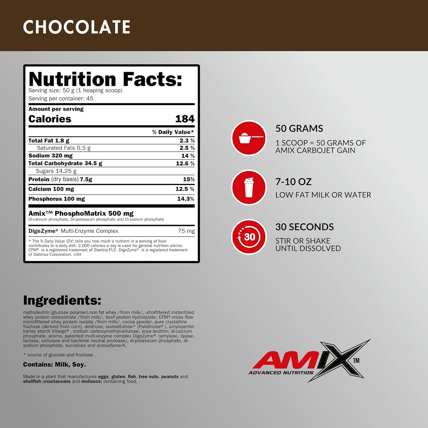 Amix CarboJet Gain Chocolate Flavor 4.96 lb - High-Calorie Carbohydrate Supplement