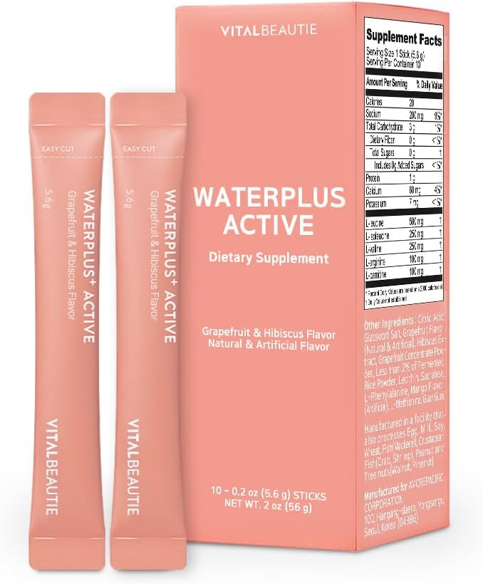 AMOREPACIFIC VITALBEAUTIE Waterplus Active - Vegan Electrolyte Drink Mix with BCAA, L-Arginine, L-Carnitine, and Calcium - 10 Sticks (Grapefruit & Hibiscus)