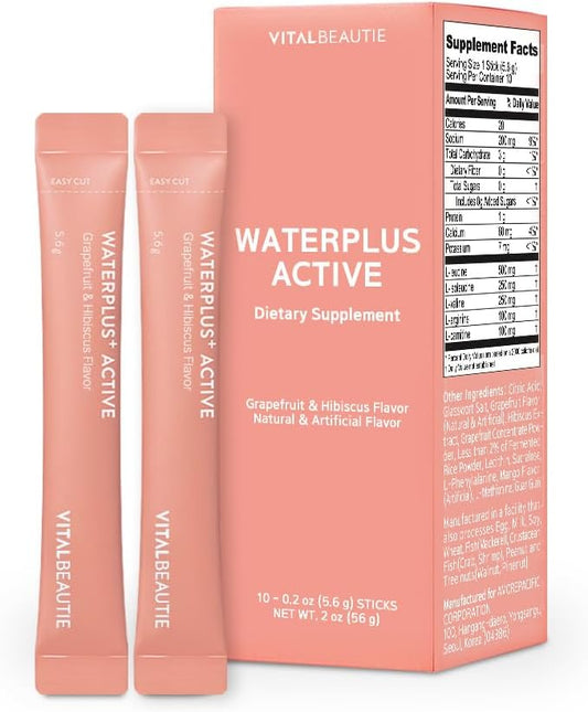 AMOREPACIFIC VITALBEAUTIE Waterplus Active - Vegan Electrolyte Drink Mix with BCAA, L-Arginine, L-Carnitine, and Calcium - 10 Sticks (Grapefruit & Hibiscus)