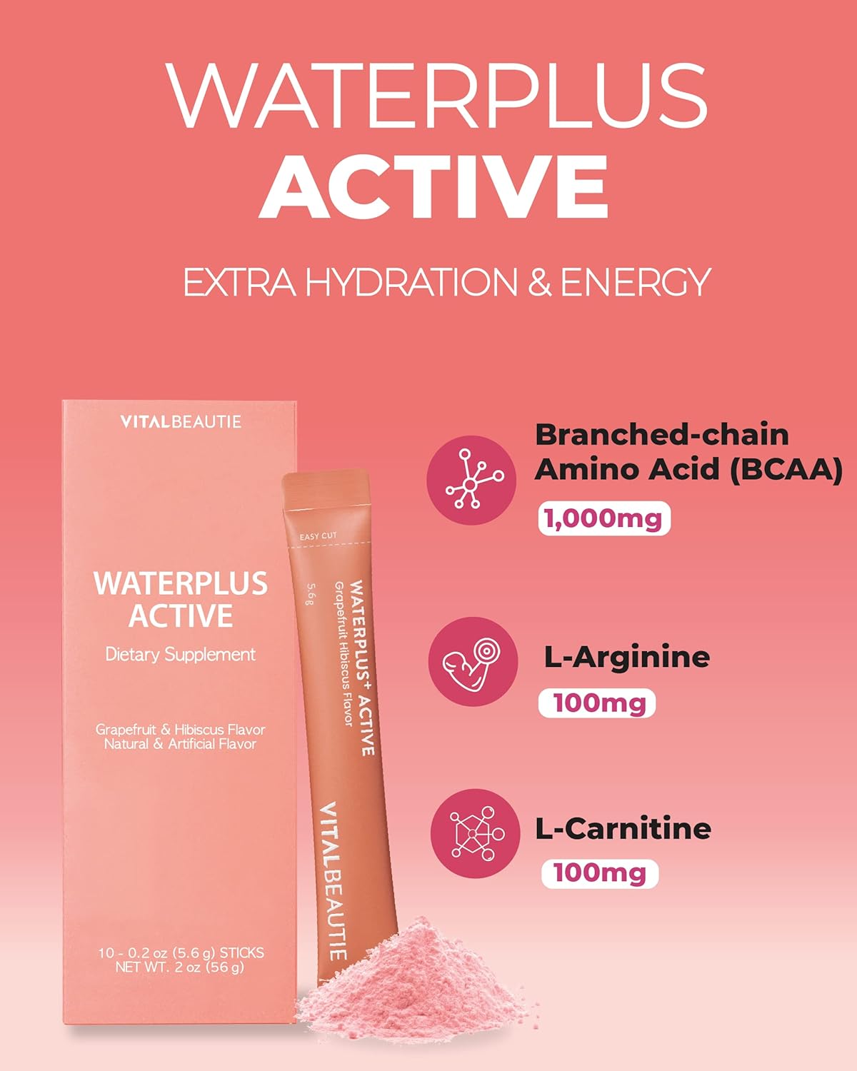 AMOREPACIFIC VITALBEAUTIE Waterplus Active - Vegan Electrolyte Drink Mix with BCAA, L-Arginine, L-Carnitine, and Calcium - 10 Sticks (Grapefruit & Hibiscus)