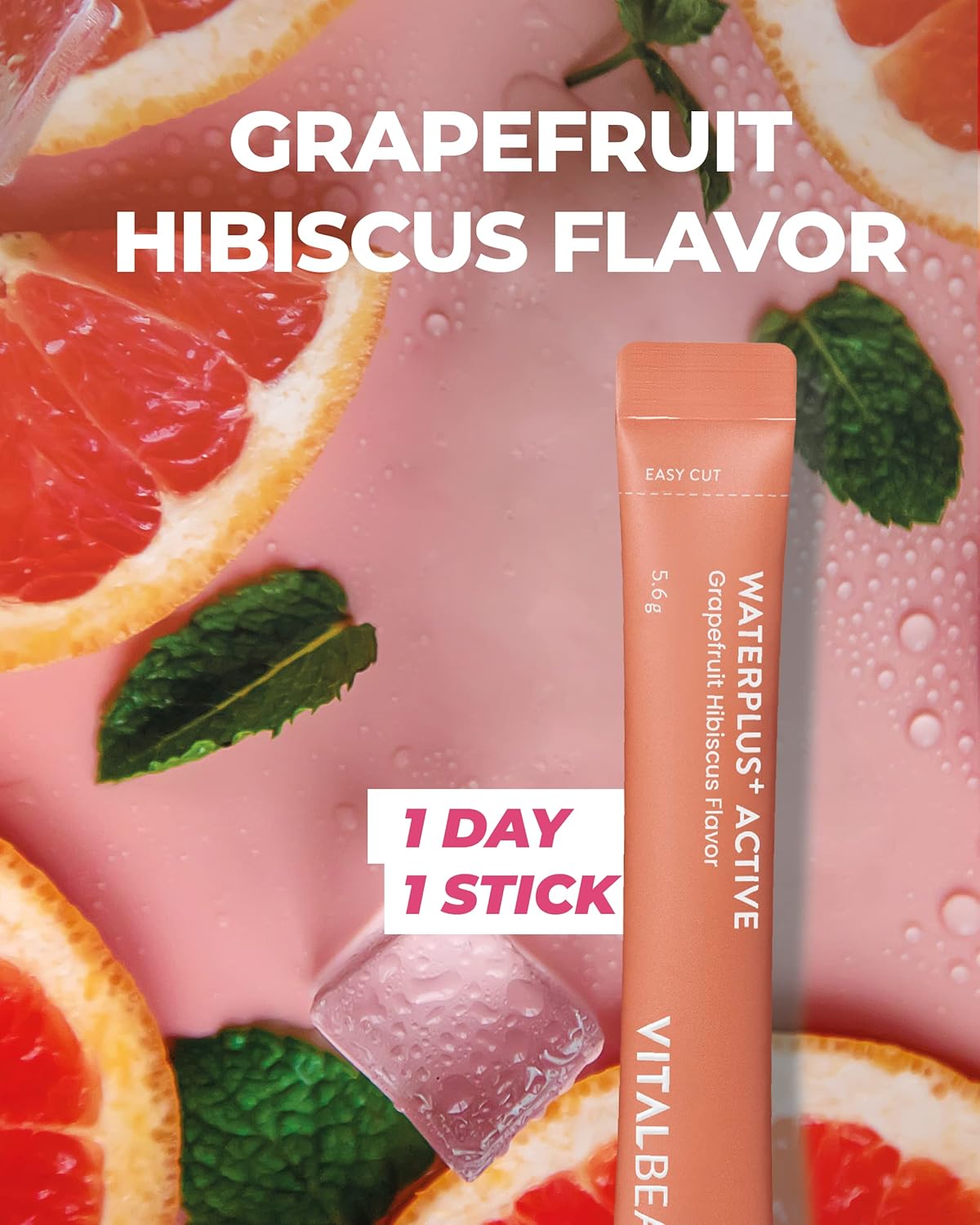 AMOREPACIFIC VITALBEAUTIE Waterplus Active - Vegan Electrolyte Drink Mix with BCAA, L-Arginine, L-Carnitine, and Calcium - 10 Sticks (Grapefruit & Hibiscus)