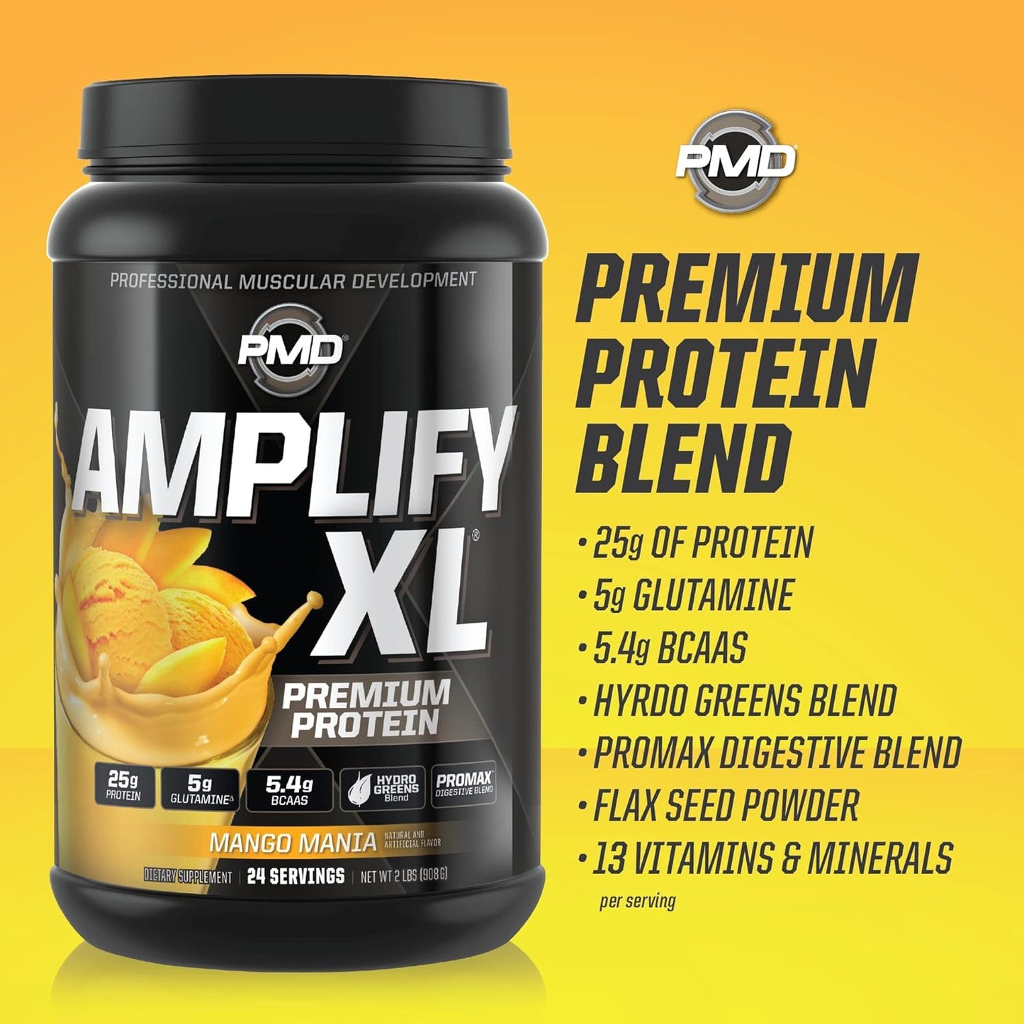 Amplify XL Premium Whey Protein Supplement with Hydro Greens Blend - Mango Mania Flavor - Muscle Recovery and Strength Support