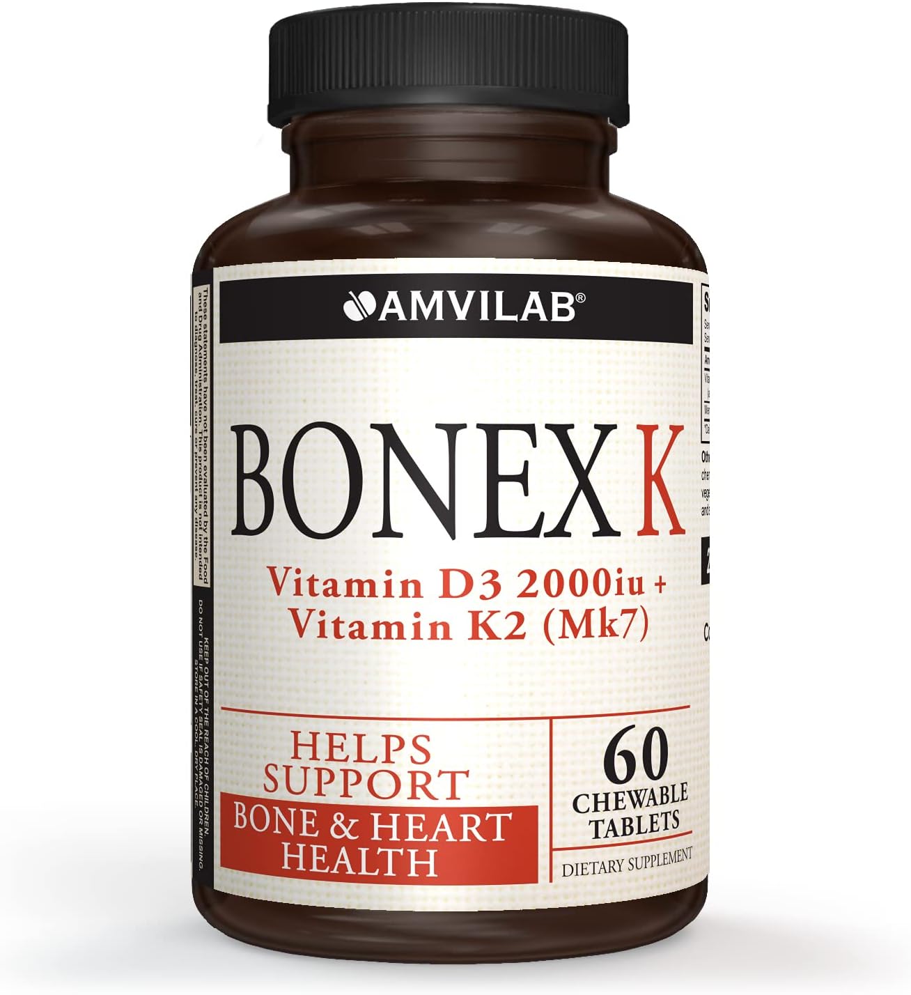 AMVILAB Bonex K Chewable Tablets for Heart, Bones & Teeth Health | 2000IU D3 & 75mcg K2 | Non-GMO | 60 Day Supply | Easy to Swallow