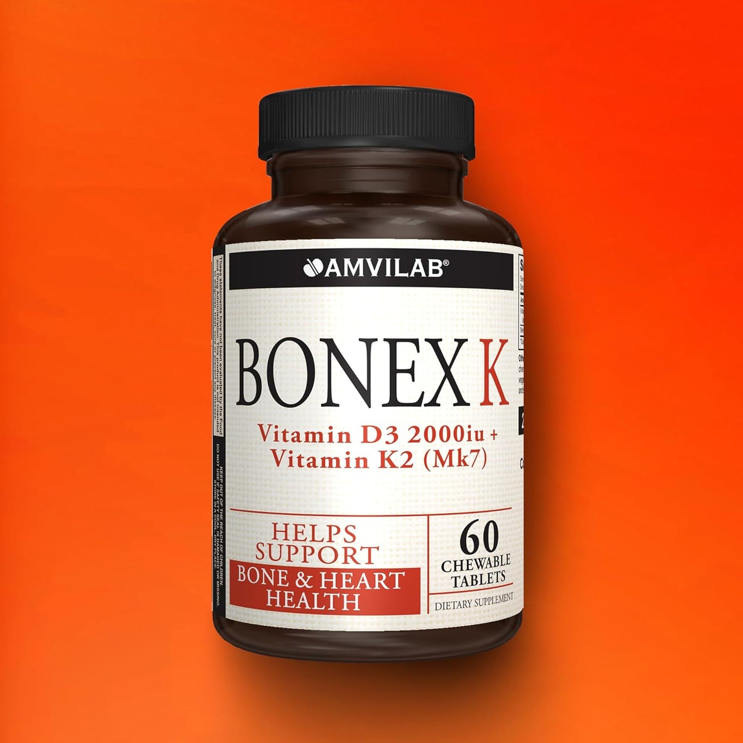 AMVILAB Bonex K Chewable Tablets for Heart, Bones & Teeth Health | 2000IU D3 & 75mcg K2 | Non-GMO | 60 Day Supply | Easy to Swallow