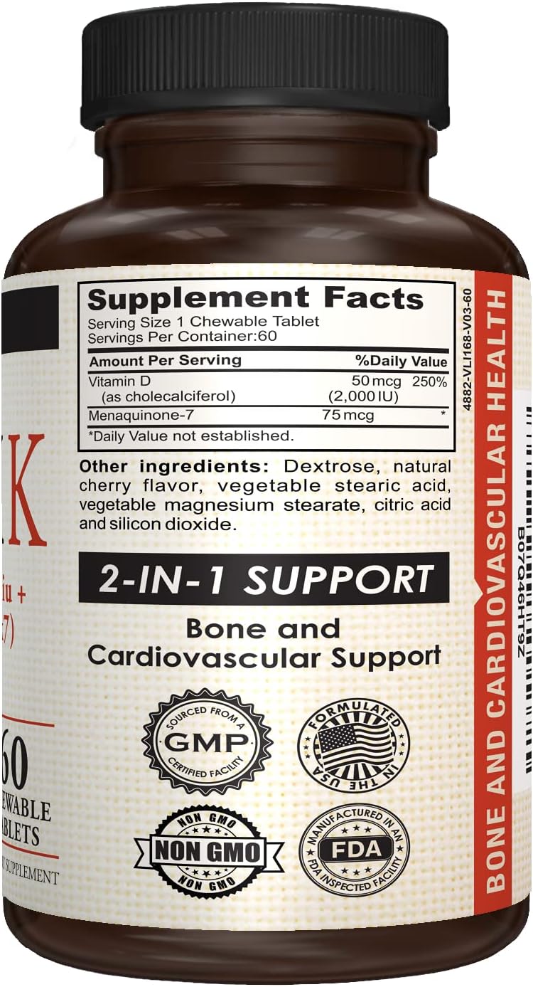 AMVILAB Bonex K Chewable Tablets for Heart, Bones & Teeth Health | 2000IU D3 & 75mcg K2 | Non-GMO | 60 Day Supply | Easy to Swallow