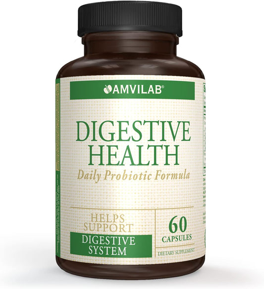 AMVILAB Daily Probiotic Supplement: 7 Billion CFUs, 5 Essential Strains, Supports Digestive and Immune Health - 60 Capsules